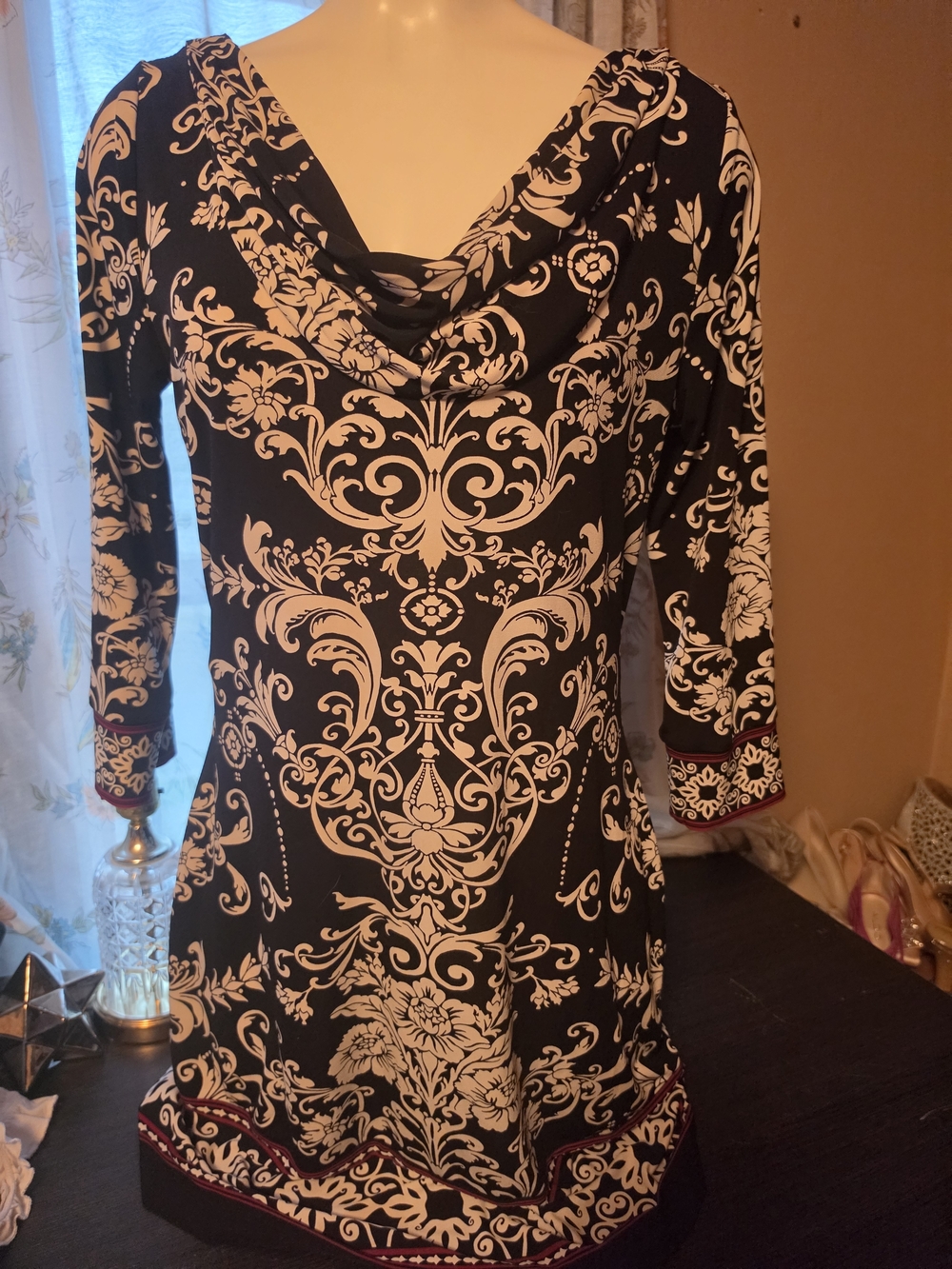 White House Black Market Black & Cream Patterned Cowl-Neck Dress